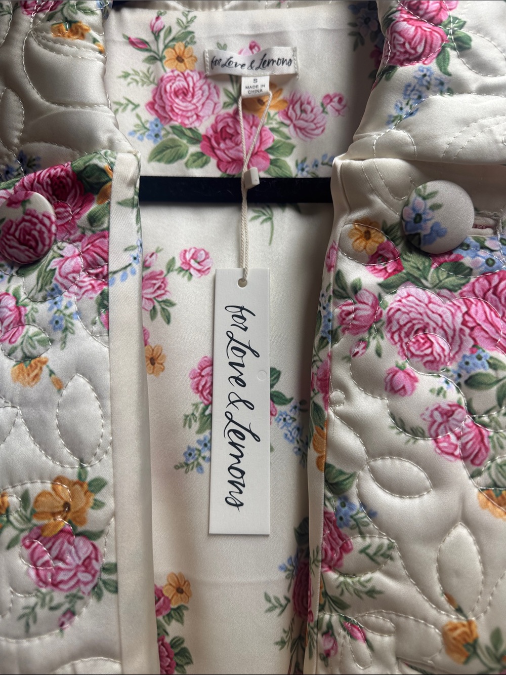 For Love & Lemons Cream Quilted Floral Trench Coat with Pink & Green Accents - Picture 3 of 7